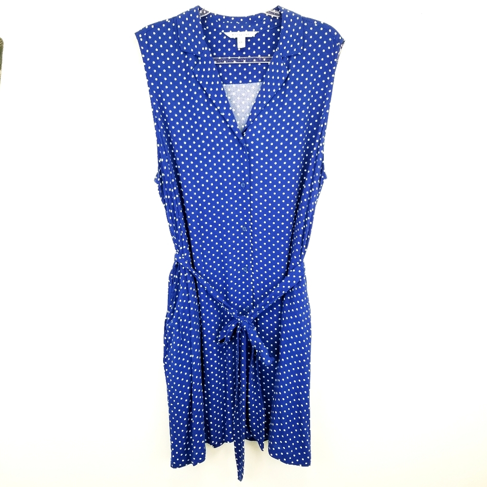 Popsugar Cobalt Blue Polka Dot Tie Waist Shirt Dress XXL